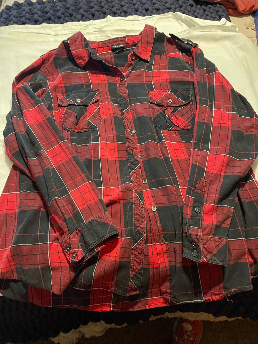 Women’s Red and Black Plaid Button-Up Flannel shirt
